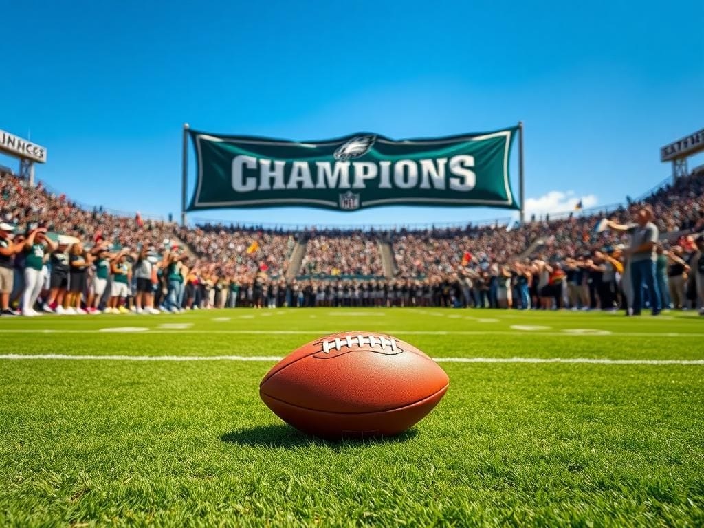 Flick International Philadelphia Eagles Super Bowl victory celebration banner raised in the sky