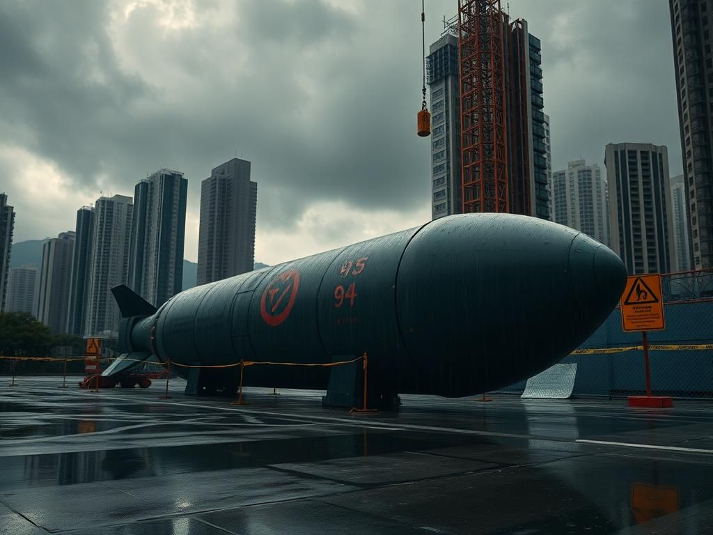 Flick International Massive WWII bomb displayed at a construction site in Quarry Bay, Hong Kong, surrounded by caution tape and warning signs under ominous gray skies.