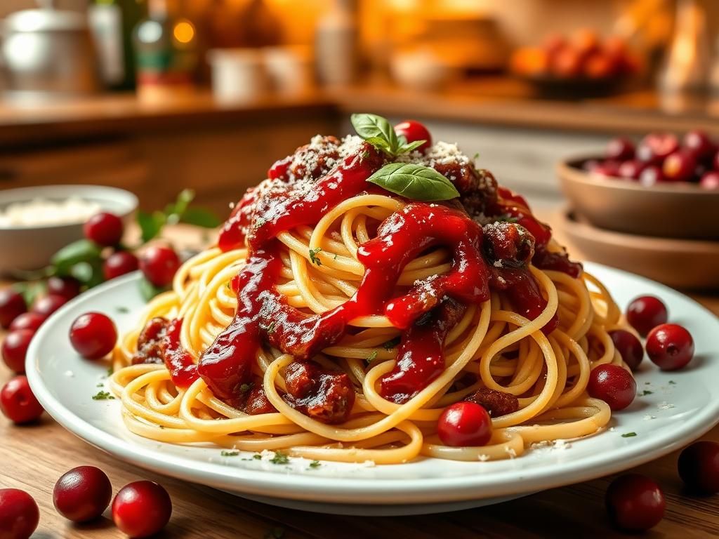 Flick International Plate of spaghetti with cranberry sauce and meat sauce in cozy kitchen setting