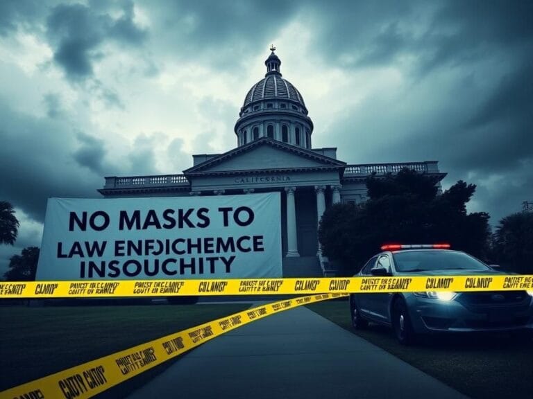 Flick International A dramatic California statehouse scene with a banner reading 'No Masks for Law Enforcement' against stormy skies