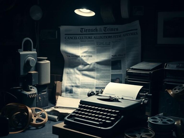 Flick International Dimly lit room with vintage film equipment symbolizing Woody Allen's long career