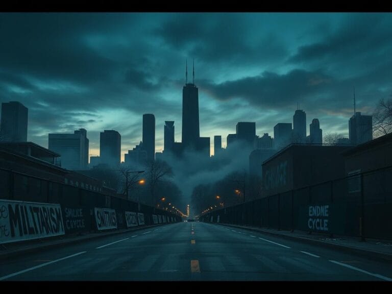 Flick International Dramatic cityscape of Chicago at dusk with police barricades and graffiti