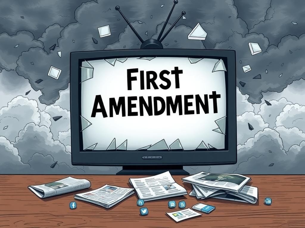 Flick International Shattered television screen symbolizing First Amendment censorship