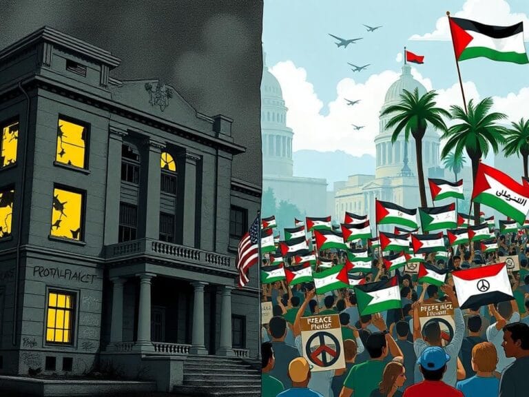 Flick International Split-screen image contrasting a crumbling government building with a vibrant pro-Palestinian protest scene