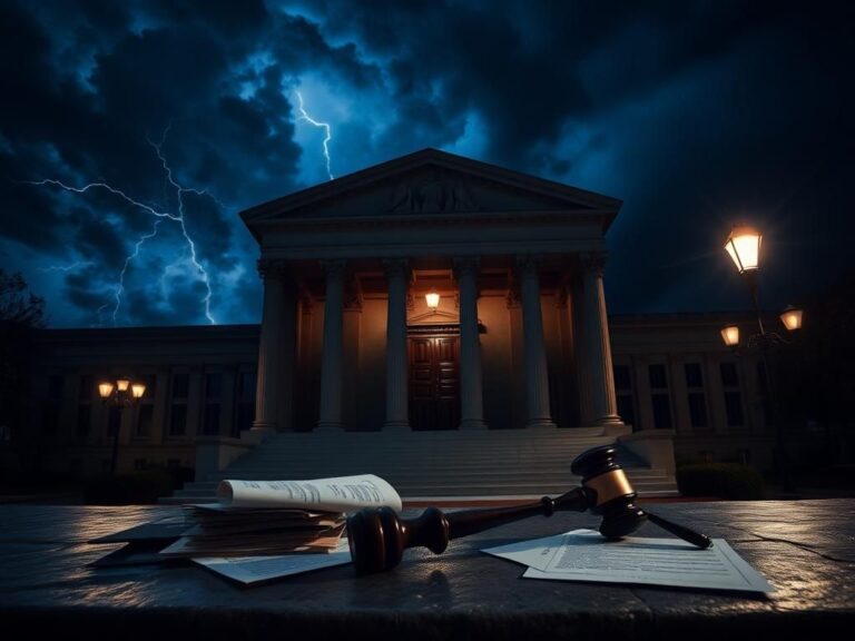 Flick International Dark courthouse scene symbolizing justice and accountability