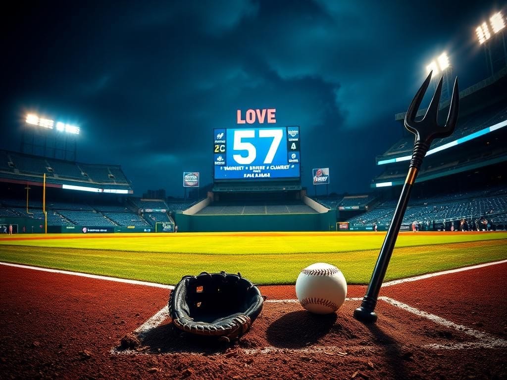 Flick International A vibrant Seattle Mariners baseball field under a night sky with a neon scoreboard showing '57' homering