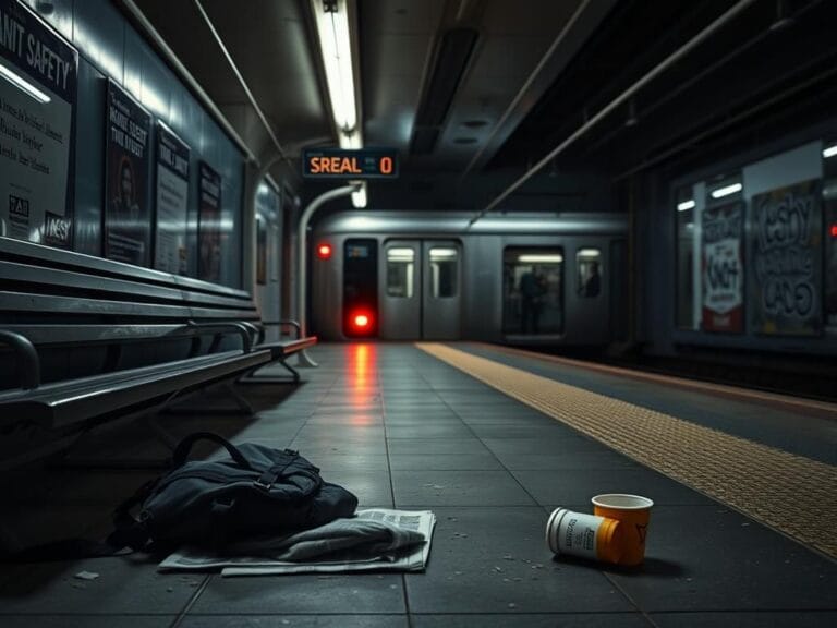 Flick International A dimly lit train station platform with empty benches and flickering lights, illustrating concerns around transit safety.