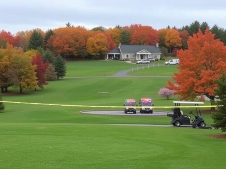 Flick International A serene view of the Sky Meadow Country Club in Nashua, New Hampshire, with police tape indicating an ongoing investigation following a recent shooting.