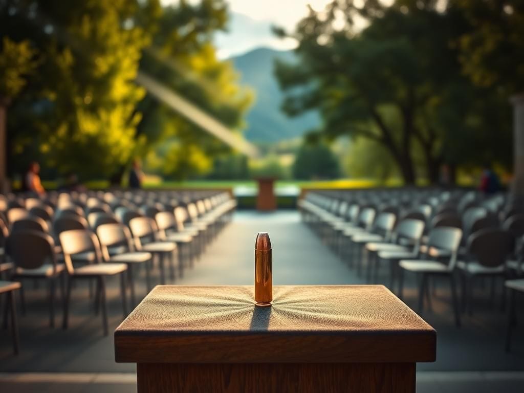 Flick International Empty outdoor lecture area at a university in Utah with a glinting bullet on a podium