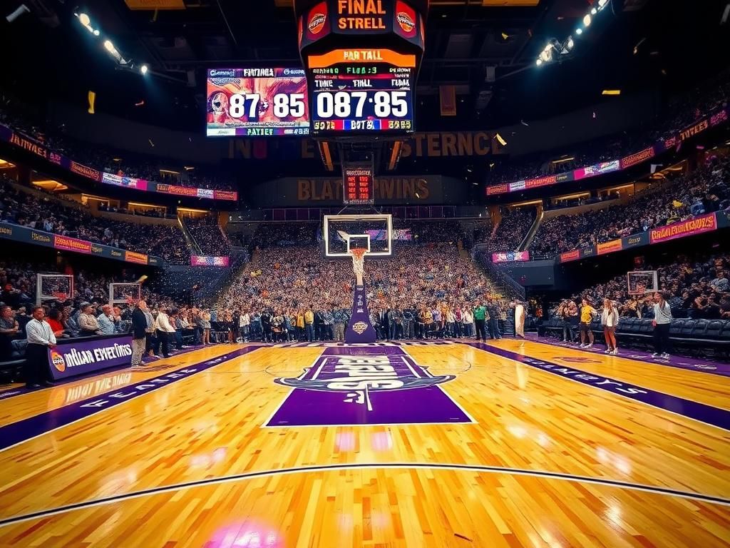 Flick International Vibrant basketball court scene post-playoff game with confetti falling