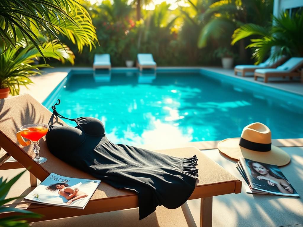 Flick International Serene poolside scene with turquoise water and summer decorations