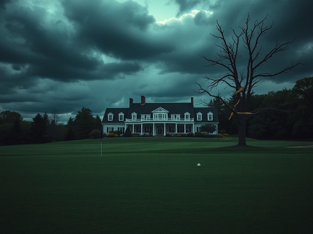 Flick International Empty golf course at Sky Meadow Country Club with abandoned golf clubs and police presence