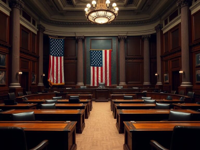 Flick International Grand Senate hearing room with American flag and polished wooden desks