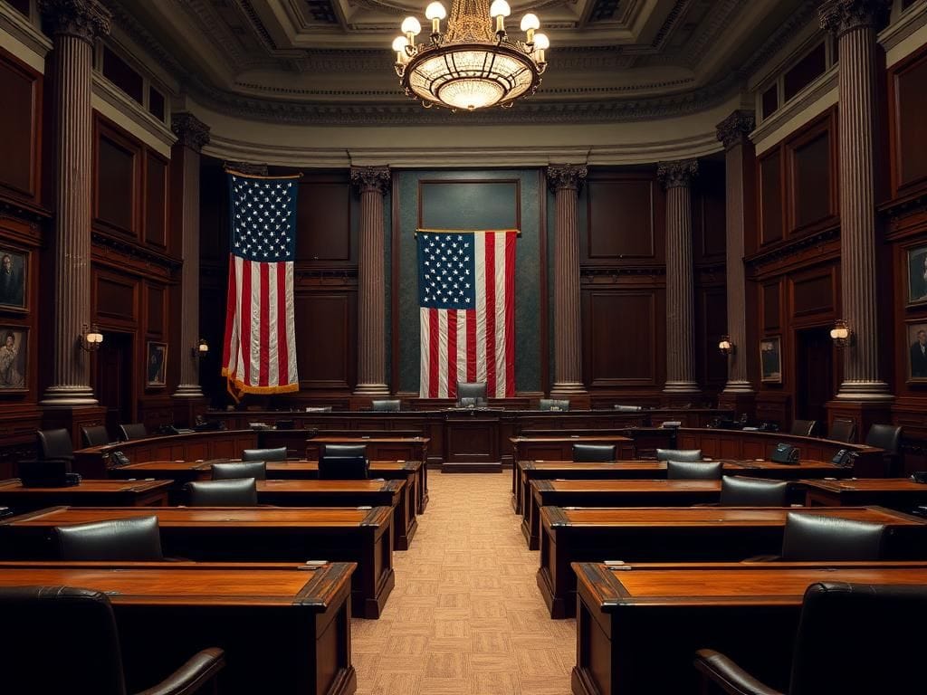 Flick International Grand Senate hearing room with American flag and polished wooden desks