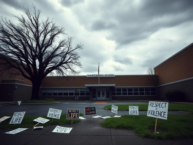 Flick International Empty school courtyard with protest signs after student walk-out
