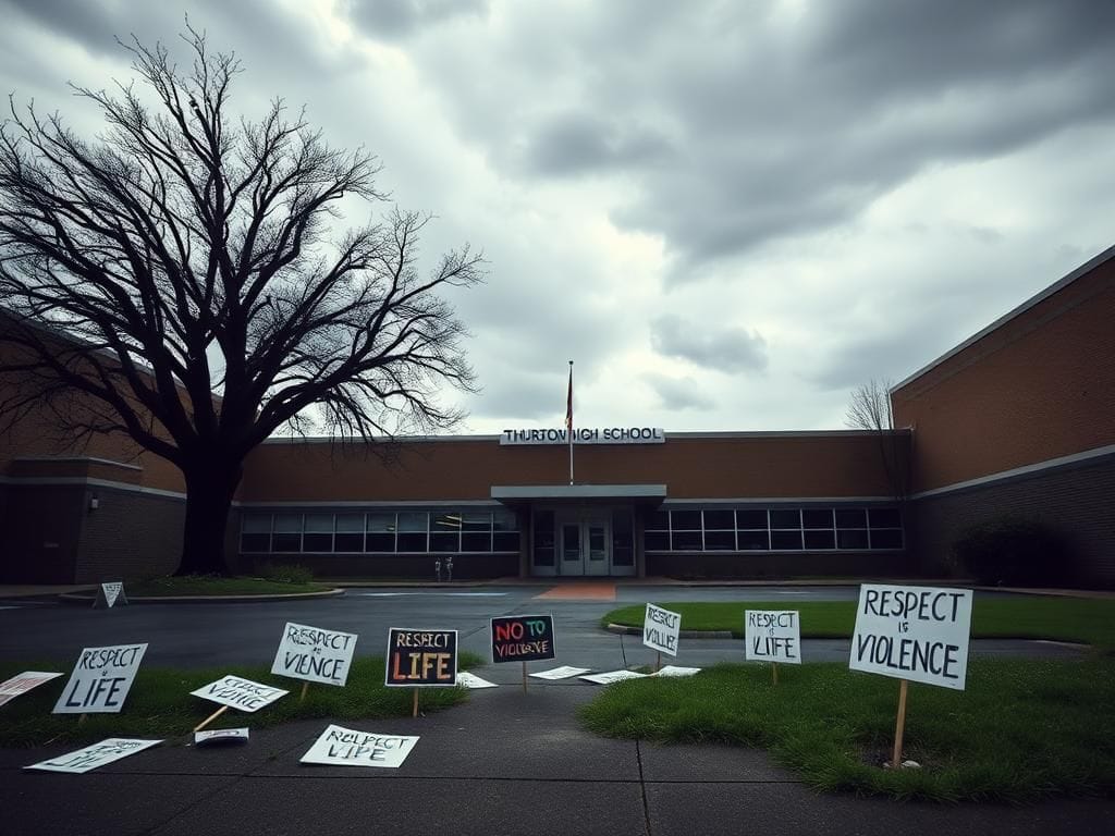 Flick International Empty school courtyard with protest signs after student walk-out