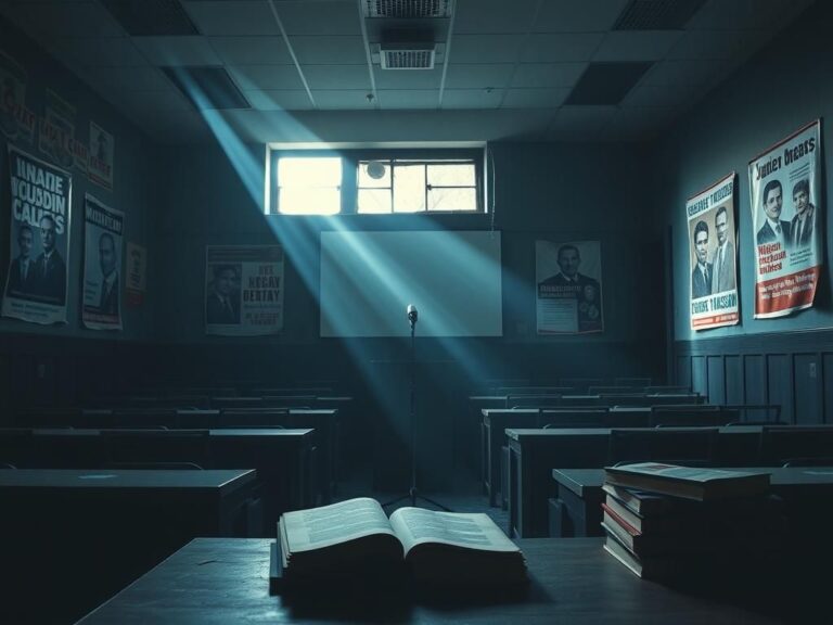 Flick International Dimly lit university lecture hall with empty desks and a shadowy podium symbolizing silenced voices