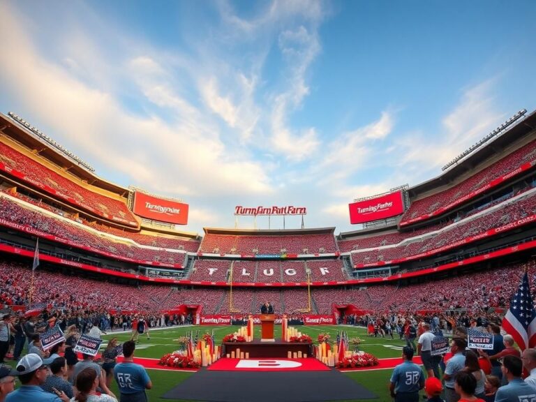 Flick International Wide-angle view of State Farm Stadium filled with patriotic decor for Charlie Kirk's memorial service