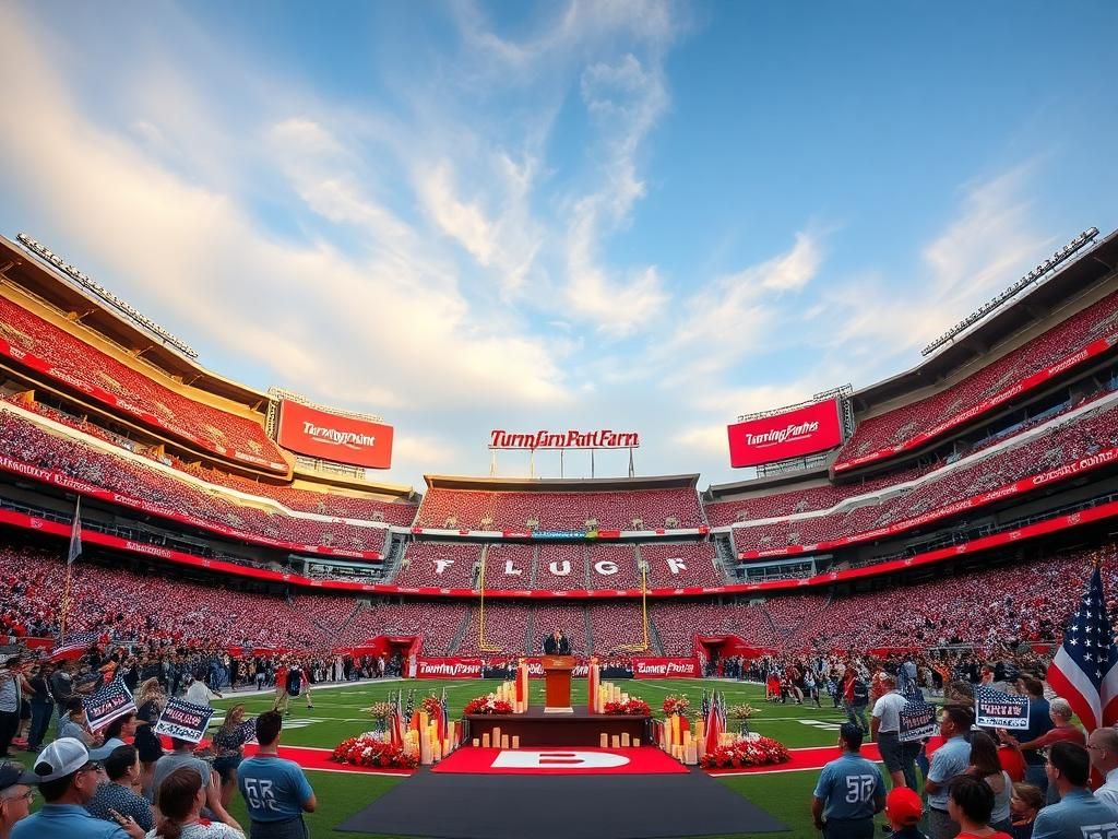 Flick International Wide-angle view of State Farm Stadium filled with patriotic decor for Charlie Kirk's memorial service