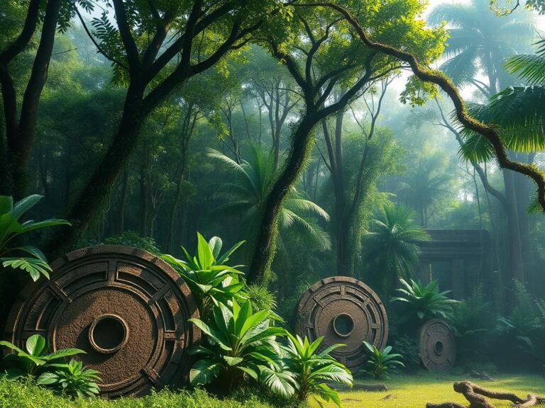 Flick International Lush Amazonian jungle scene showcasing ancient geoglyphs partially hidden by vibrant foliage