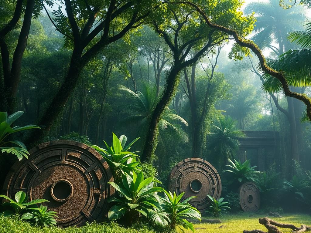 Flick International Lush Amazonian jungle scene showcasing ancient geoglyphs partially hidden by vibrant foliage