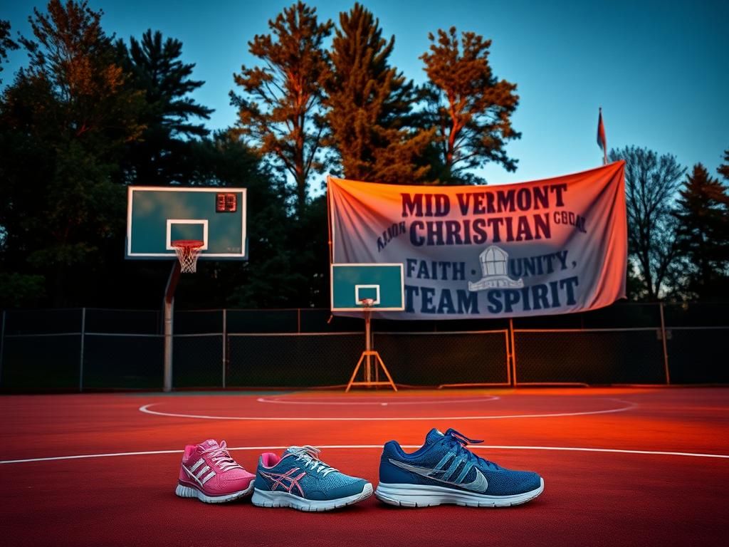 Flick International A vibrant basketball court at dusk with worn-out scoreboard and basketball shoes symbolizing gender and sports