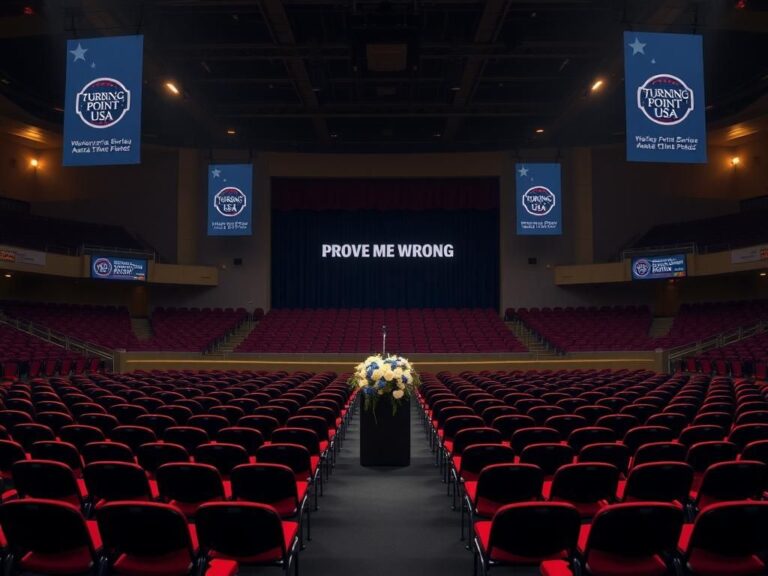 Flick International A large, empty arena prepared for the memorial service of Charlie Kirk