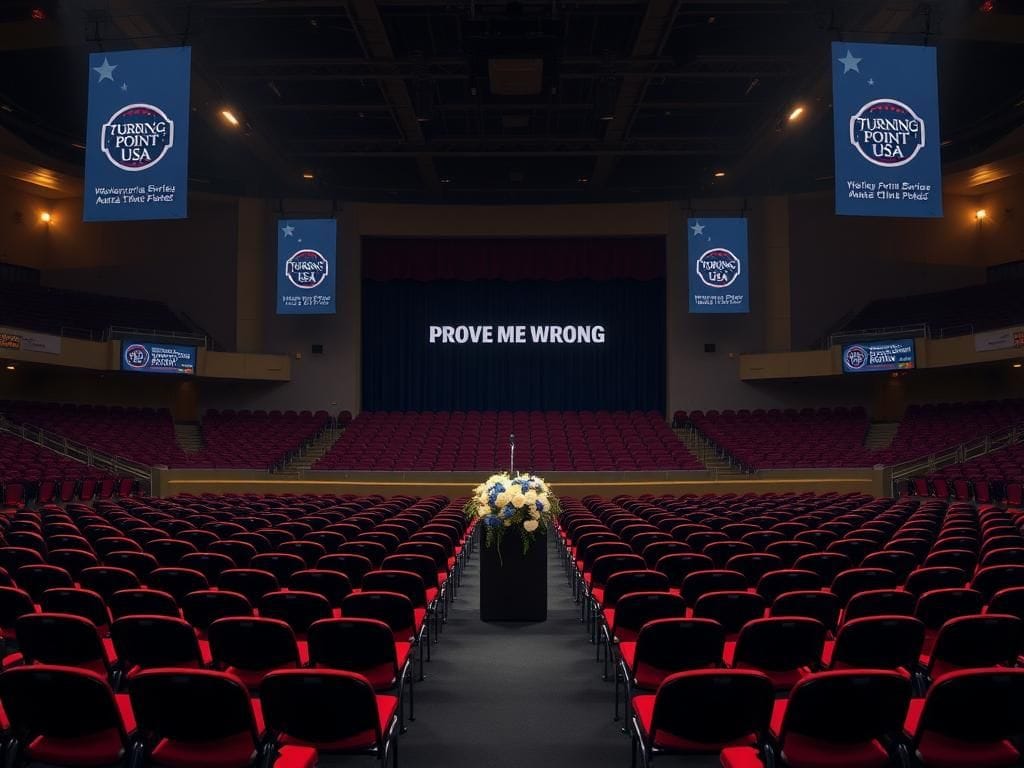 Flick International A large, empty arena prepared for the memorial service of Charlie Kirk