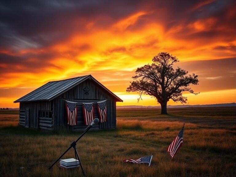 Flick International An evocative dusk scene featuring a weathered barn with patriotic banners, symbolizing resilience and hope.