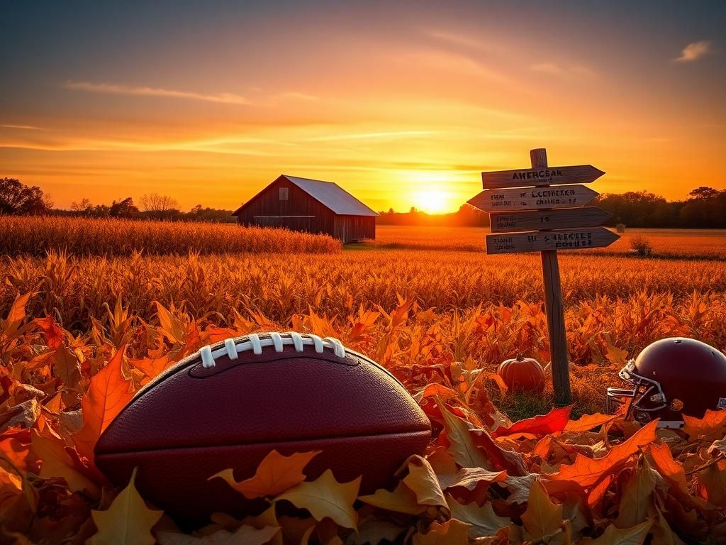 Flick International A picturesque autumn landscape featuring a vibrant cornfield and a football.