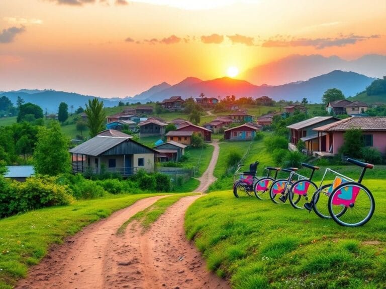 Flick International A vibrant village in the Dominican Republic showcasing colorful houses and bright wheelchair designs symbolizing charity work.