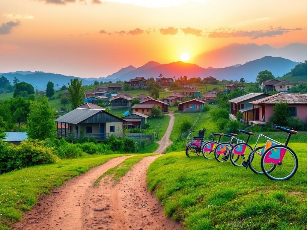 Flick International A vibrant village in the Dominican Republic showcasing colorful houses and bright wheelchair designs symbolizing charity work.