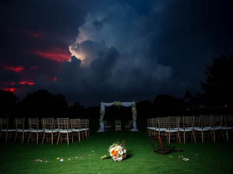 Flick International Elegant outdoor wedding ceremony setup with ominous storm clouds overhead