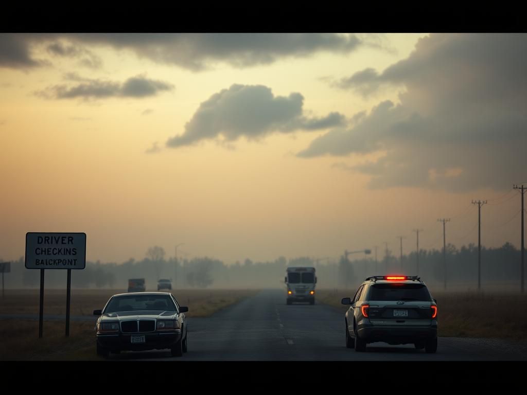 Flick International A driver license checkpoint in rural Alabama showing abandoned cars and law enforcement presence