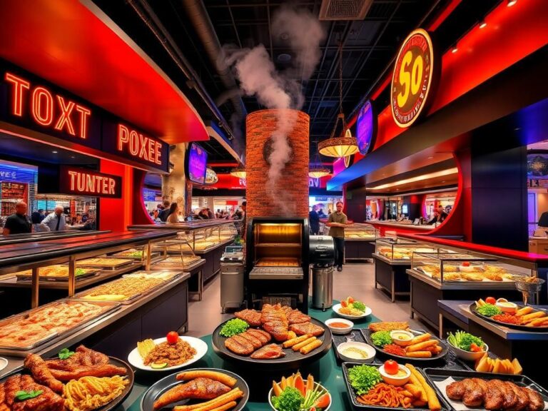 Flick International A vibrant food hall in Las Vegas showcasing barbecued meats and American steaks