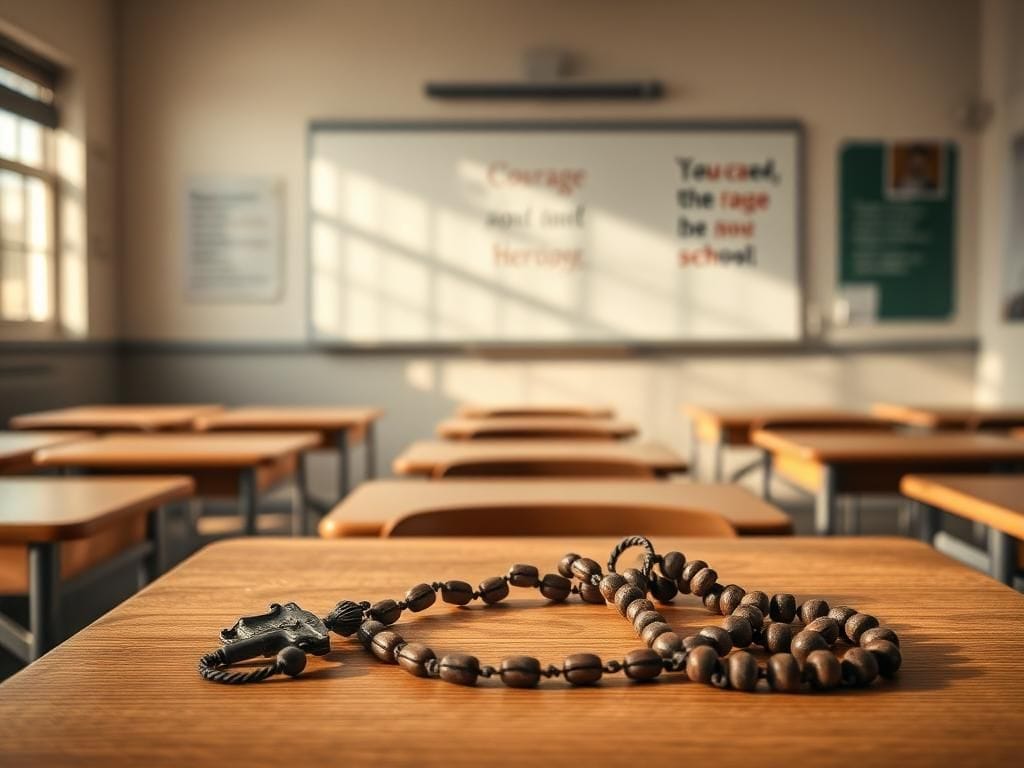 Flick International Weathered rosary resting on a desk in a serene classroom setting symbolizing faith and sacrifice