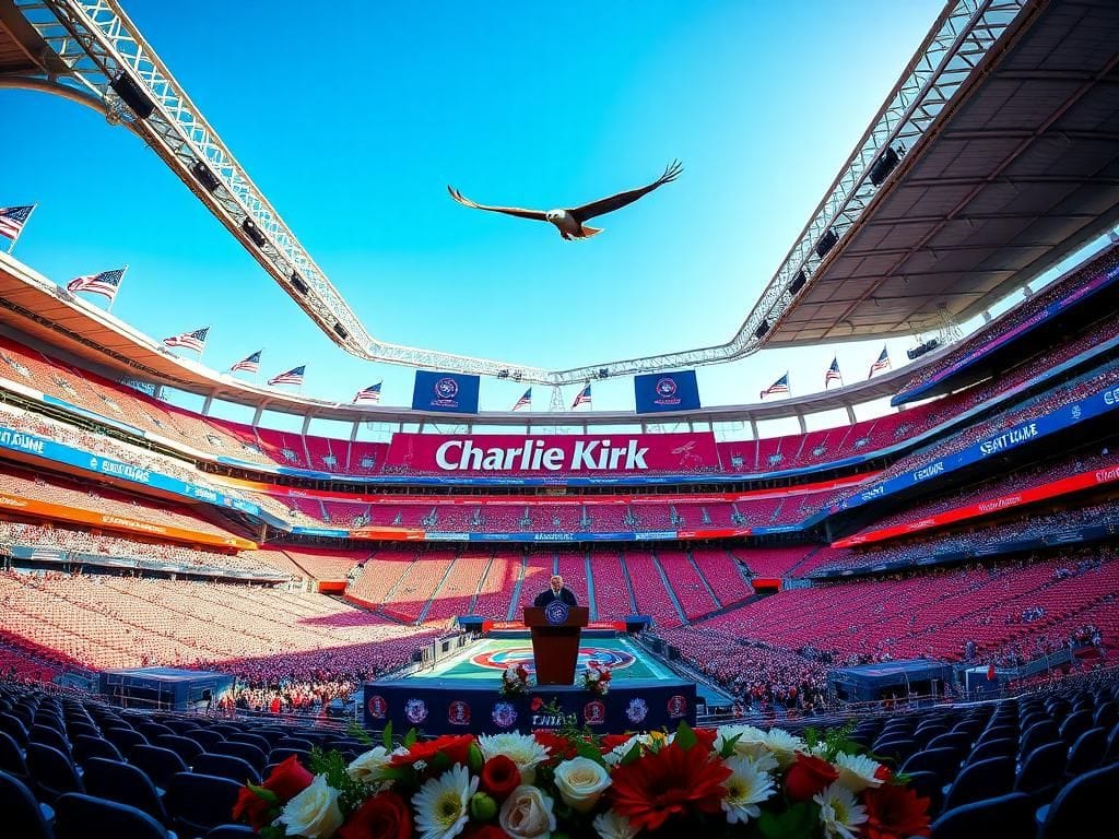 Flick International Wide shot of State Farm Stadium in Glendale, Arizona, filled with flags and banners honoring Charlie Kirk