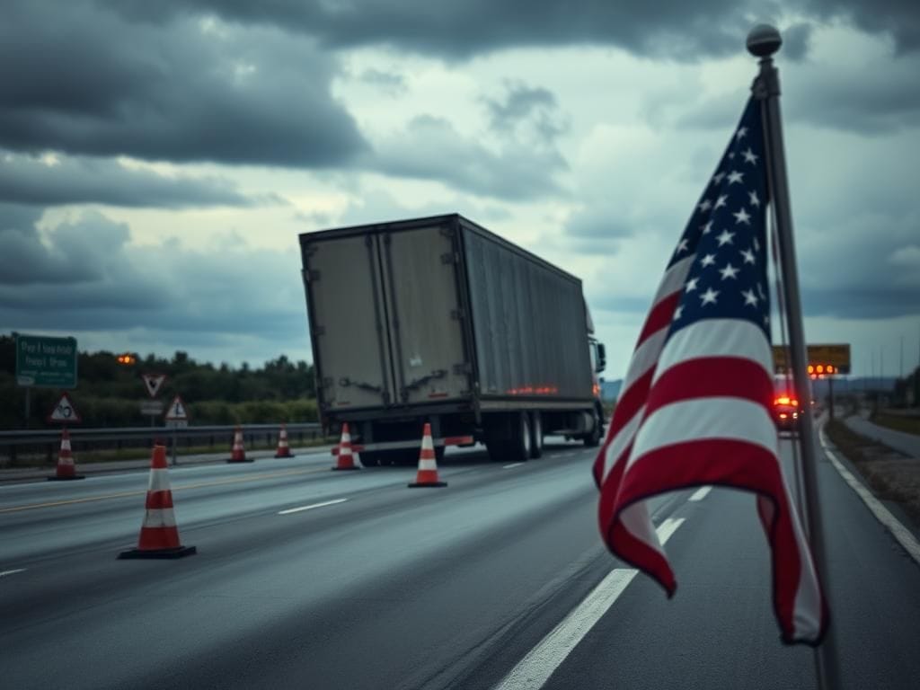 Flick International Overturned tractor-trailer on a highway scene with police lights and warning cones