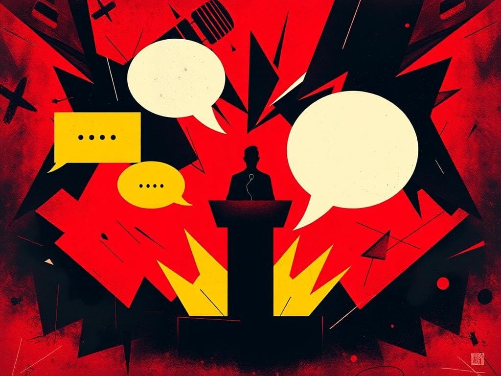 Flick International Abstract representation of media scrutiny and conflict in a vibrant composition