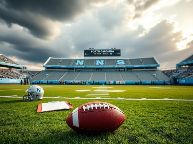 Flick International Empty sideline of a college football field with a helmet and clipboard depicting Bill Belichick's coaching presence