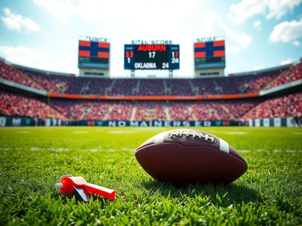 Flick International Dramatic football scene showcasing a lush green field with Auburn team colors