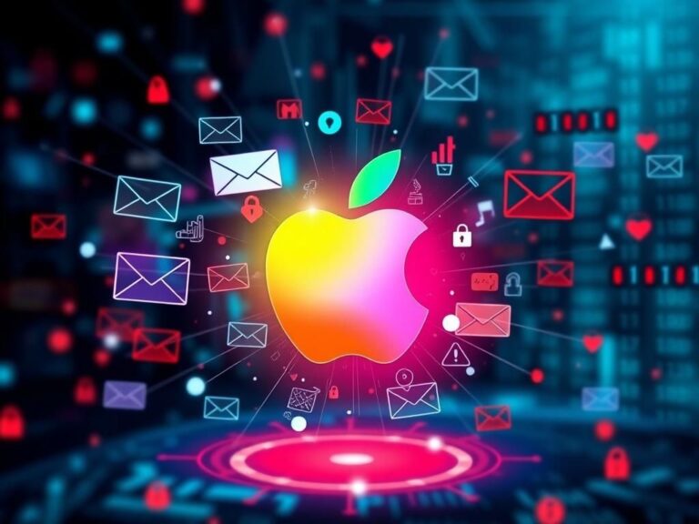 Flick International Abstract digital artwork symbolizing cybersecurity awareness with a glowing apple icon surrounded by digital threats.