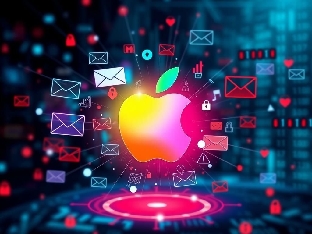 Flick International Abstract digital artwork symbolizing cybersecurity awareness with a glowing apple icon surrounded by digital threats.