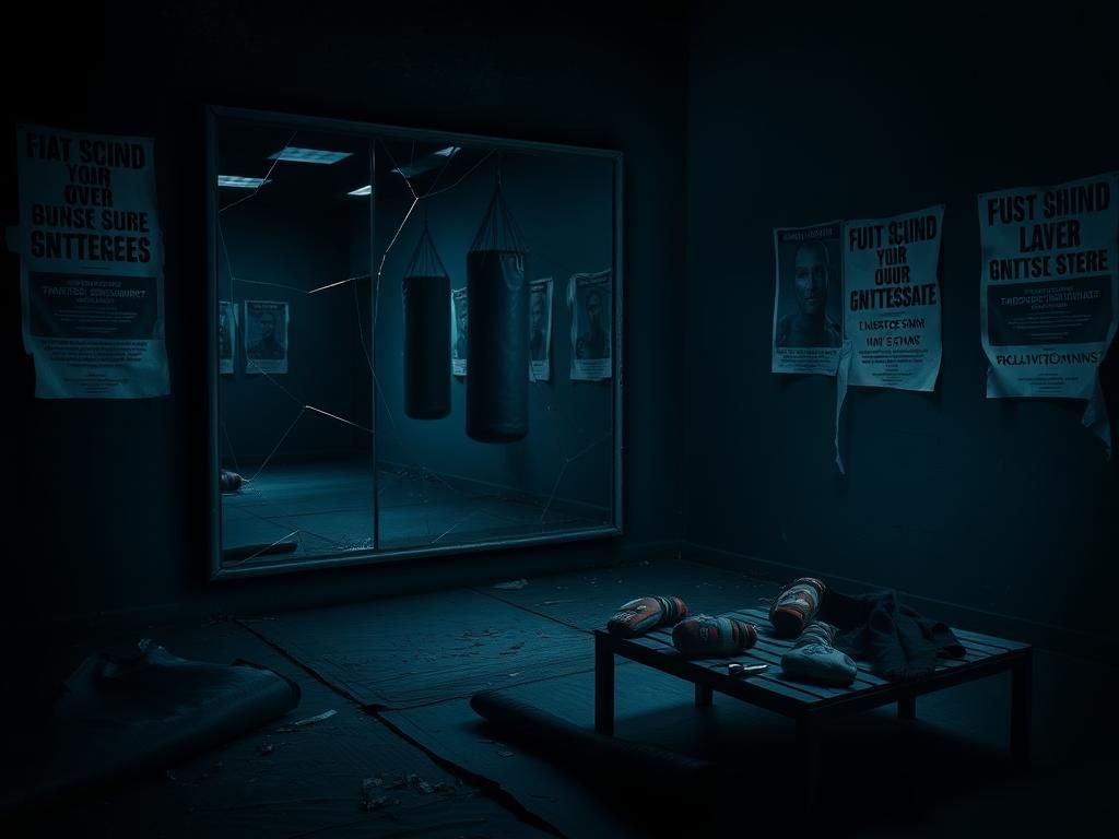 Flick International Dimly lit MMA training gym with mirrors and worn mats