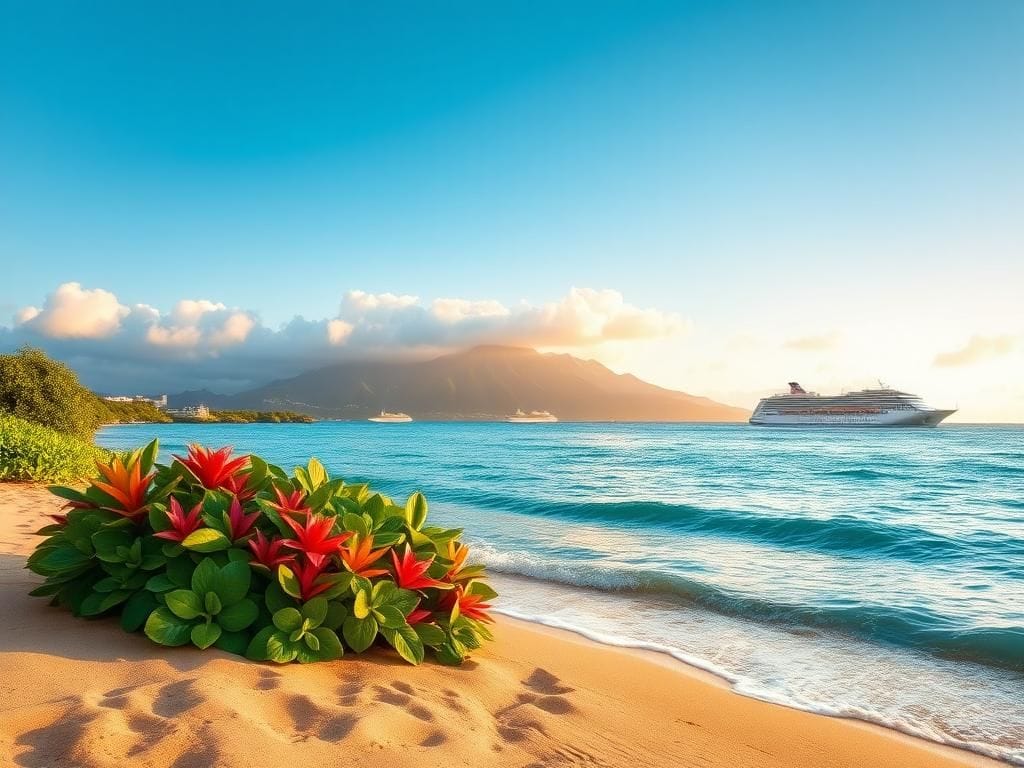 Flick International Serene Hawaiian landscape with lush green coastline and colorful tropical flora