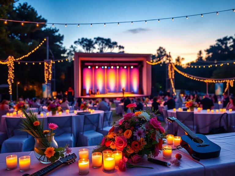 Flick International A beautifully lit outdoor concert scene with colorful flowers and candles