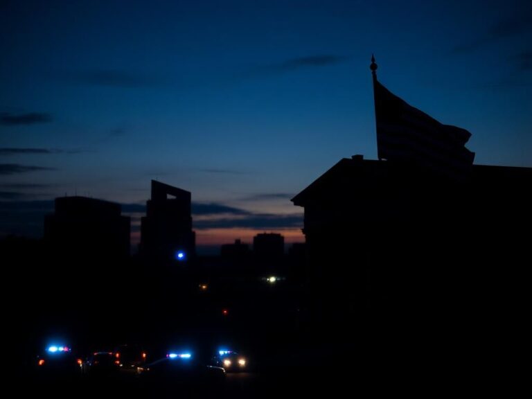 Flick International Darkened cityscape at dusk with courthouse silhouette symbolizing justice