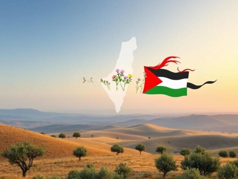Flick International Serene landscape of olive trees and map symbolizing peace and conflict in Israel and Palestine