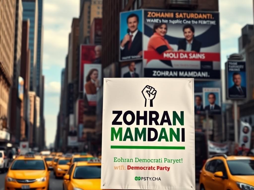 Flick International Close-up of a campaign poster for Zohran Mamdani against the backdrop of a vibrant New York City street scene