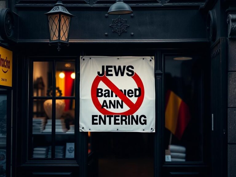 Flick International Somber storefront in Flensburg with a sign stating 'Jews are banned from entering', symbolizing rising antisemitism in Germany